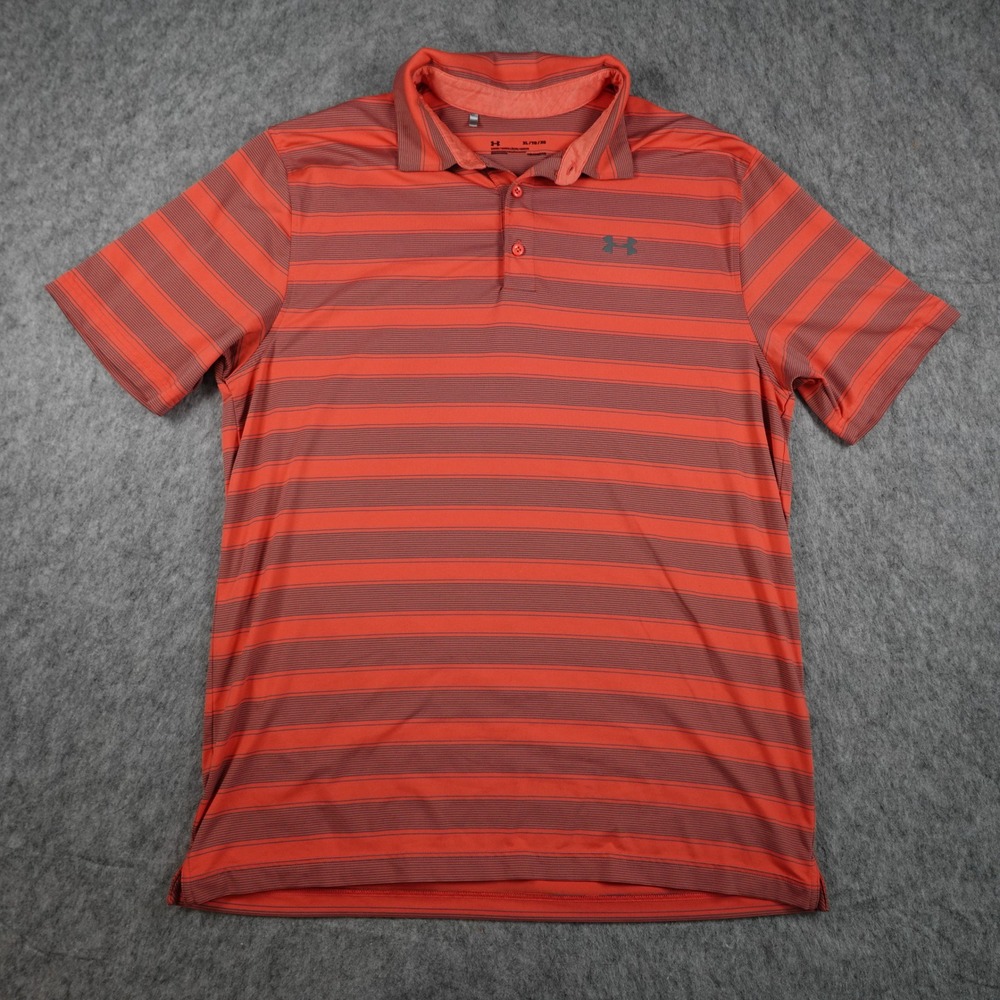 Under Armour Polo Shirt Men Extra Large Orange Striped HeatGear Loose Fit Golf